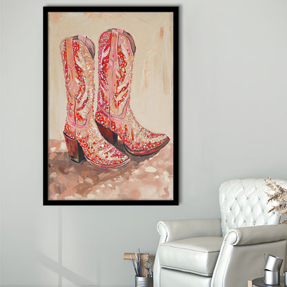 Pink & Red Cowgirl Boots Art Print Glam Western Decor Dorm Room, Framed Art Print Wall Decor, Picture Framed