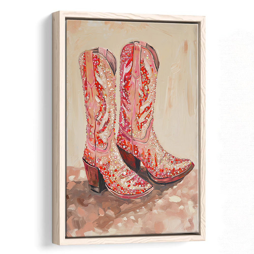 Pink & Red Cowgirl Boots Art Print Glam Western Decor Dorm Room, Framed Canvas Print Wall Art, Floating Frame