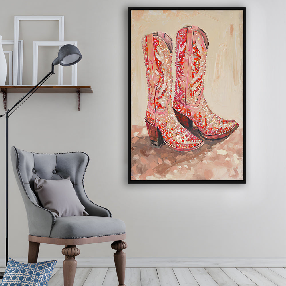 Pink & Red Cowgirl Boots Art Print Glam Western Decor Dorm Room, Framed Canvas Print Wall Art, Floating Frame