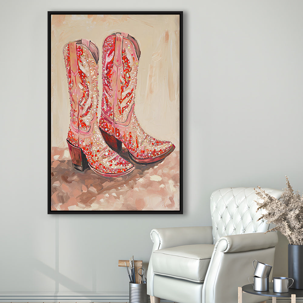 Pink & Red Cowgirl Boots Art Print Glam Western Decor Dorm Room, Framed Canvas Print Wall Art, Floating Frame