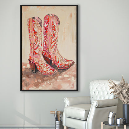 Pink & Red Cowgirl Boots Art Print Glam Western Decor Dorm Room, Framed Canvas Print Wall Art, Floating Frame