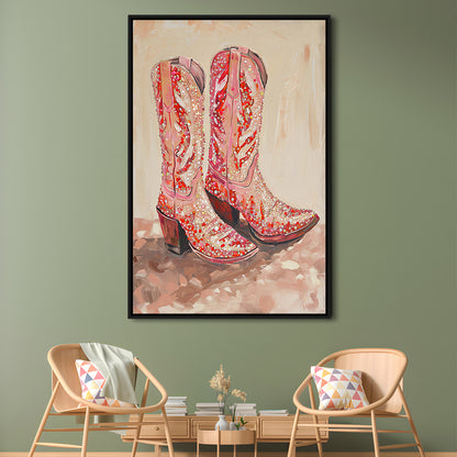 Pink & Red Cowgirl Boots Art Print Glam Western Decor Dorm Room, Framed Canvas Print Wall Art, Floating Frame