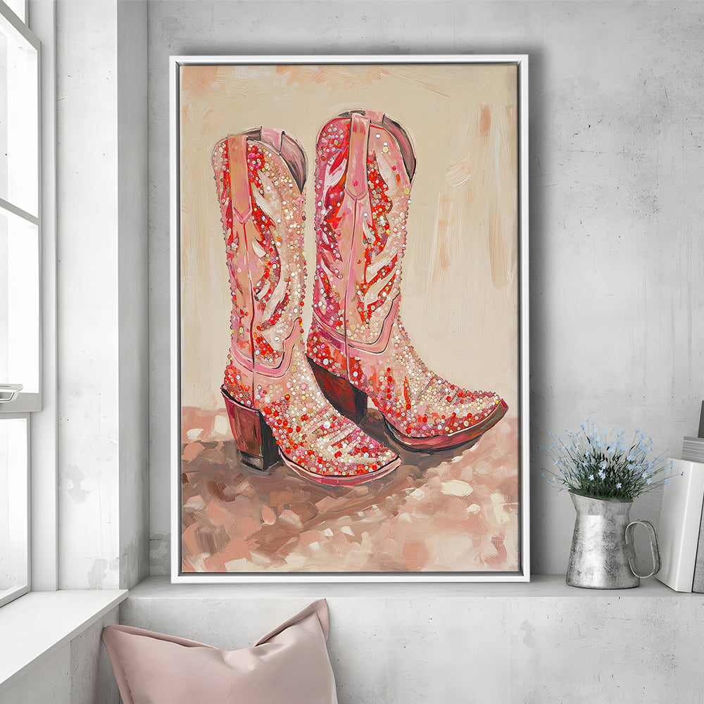 Pink & Red Cowgirl Boots Art Print Glam Western Decor Dorm Room, Framed Canvas Print Wall Art, Floating Frame