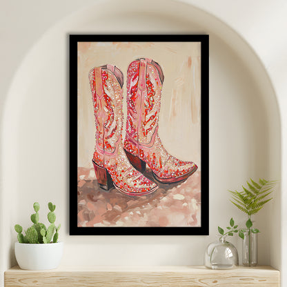 Pink & Red Cowgirl Boots Art Print Glam Western Decor Dorm Room, Framed Art Print Wall Decor, Picture Framed