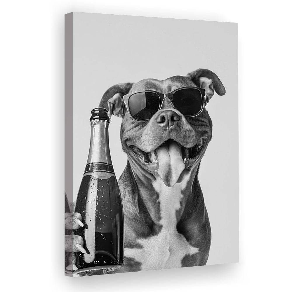 Pitbull Holding Champagne Bottle Canvas Print Wall Art, Black and White, Pitbull Gift, Pet Art,, Home Bar Decor