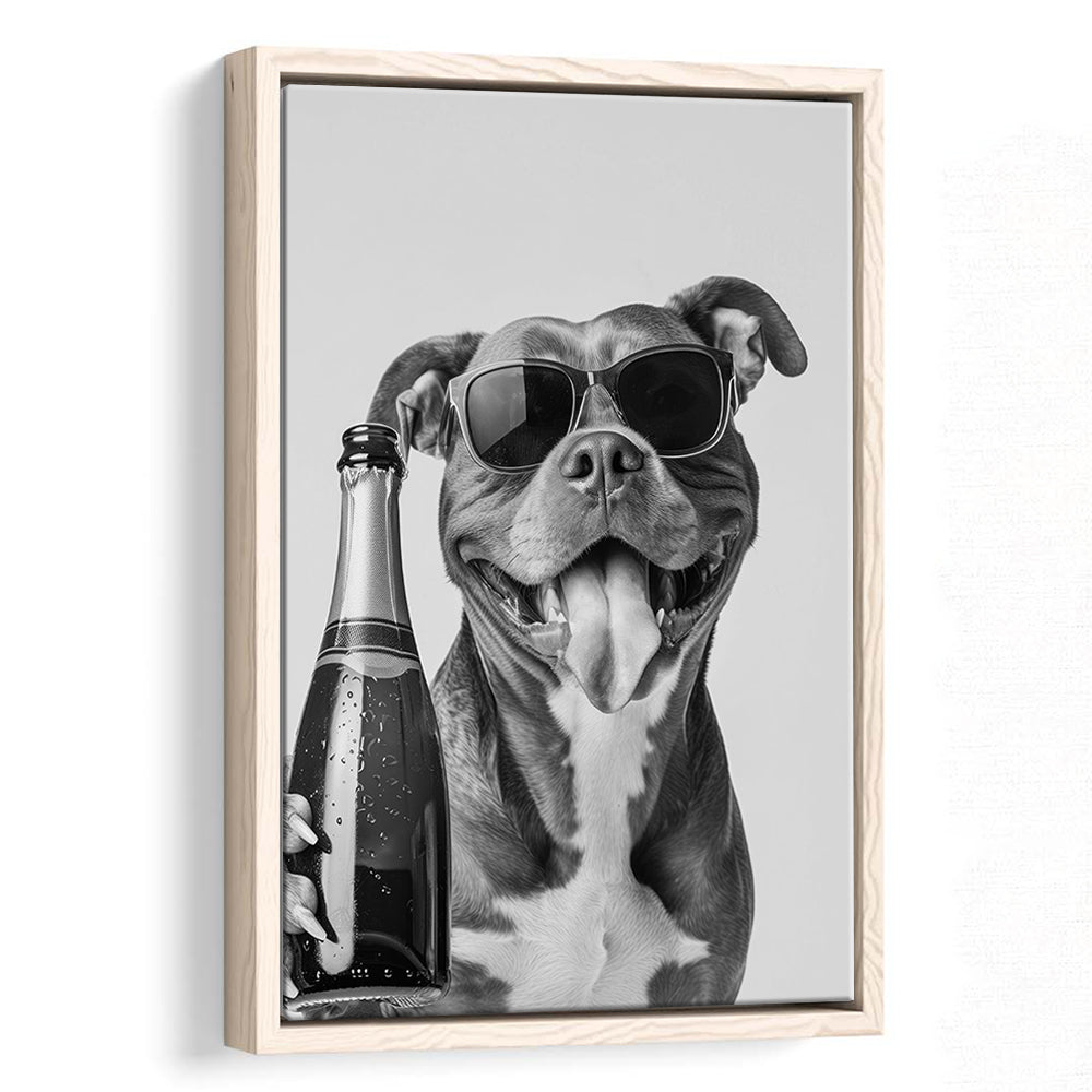 Pitbull Holding Champagne Bottle Framed Canvas Print Wall Art, Black and White, Pitbull Gift, Pet Art, Home Bar Decor
