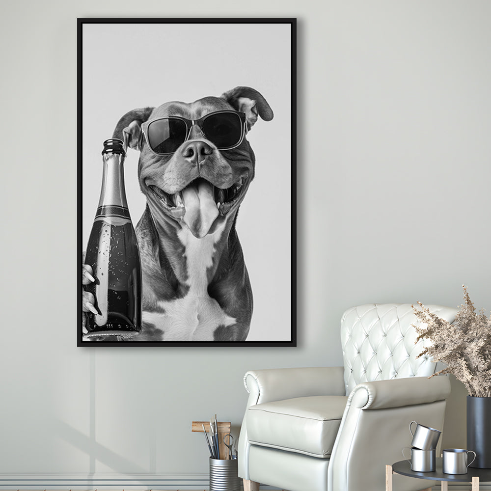 Pitbull Holding Champagne Bottle Framed Canvas Print Wall Art, Black and White, Pitbull Gift, Pet Art, Home Bar Decor