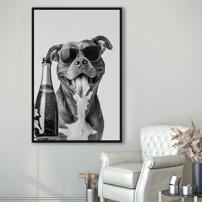 Pitbull Holding Champagne Bottle Framed Canvas Print Wall Art, Black and White, Pitbull Gift, Pet Art, Home Bar Decor