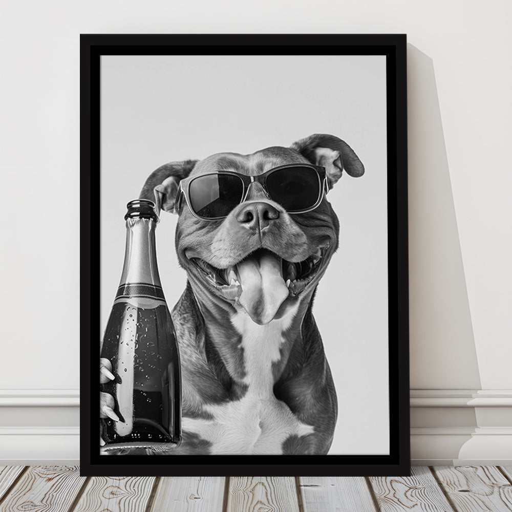 Pitbull Holding Champagne Bottle Framed Canvas Print Wall Art, Black and White, Pitbull Gift, Pet Art, Home Bar Decor