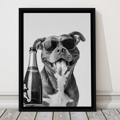 Pitbull Holding Champagne Bottle Framed Canvas Print Wall Art, Black and White, Pitbull Gift, Pet Art, Home Bar Decor