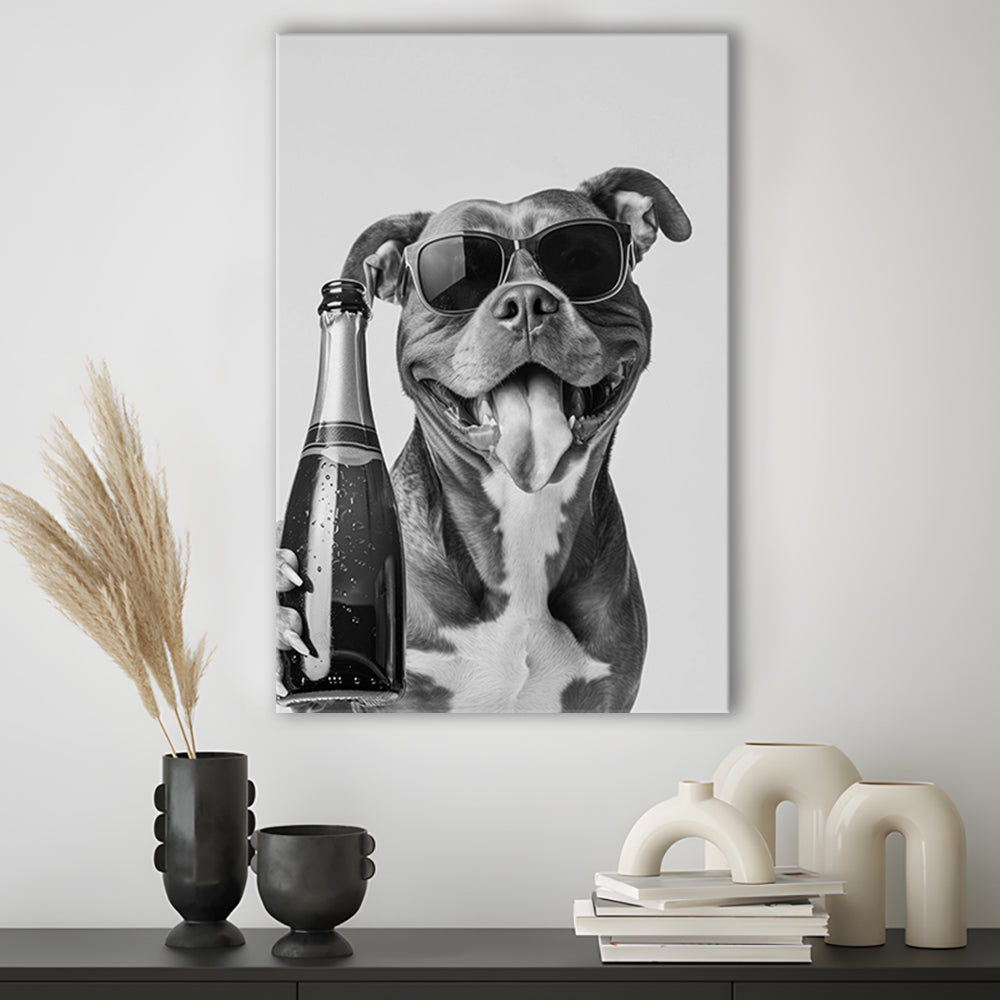 Pitbull Holding Champagne Bottle Canvas Print Wall Art, Black and White, Pitbull Gift, Pet Art,, Home Bar Decor