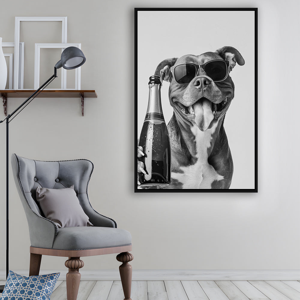 Pitbull Holding Champagne Bottle Framed Canvas Print Wall Art, Black and White, Pitbull Gift, Pet Art, Home Bar Decor