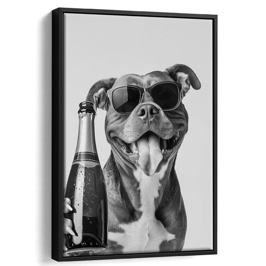 Pitbull Holding Champagne Bottle Framed Canvas Print Wall Art, Black and White, Pitbull Gift, Pet Art, Home Bar Decor