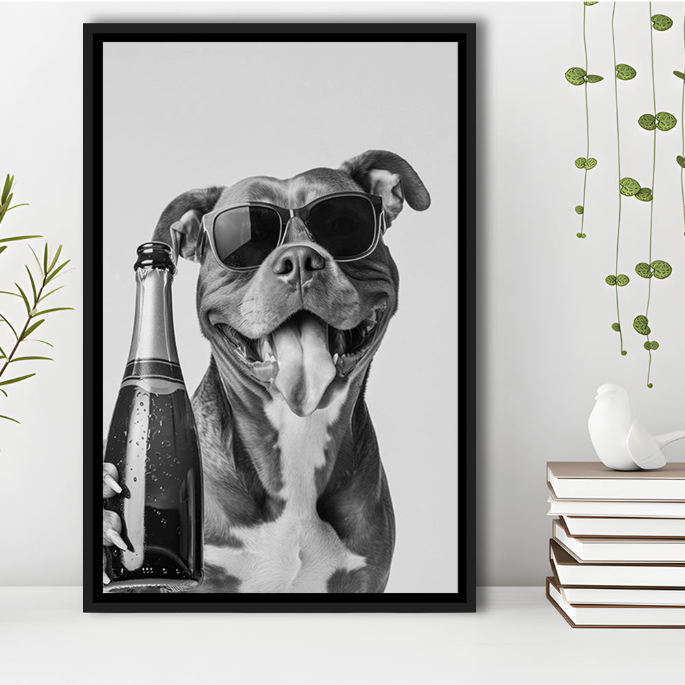 Pitbull Holding Champagne Bottle Framed Canvas Print Wall Art, Black and White, Pitbull Gift, Pet Art, Home Bar Decor