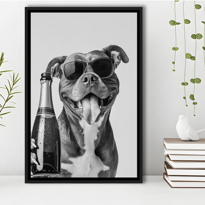Pitbull Holding Champagne Bottle Framed Canvas Print Wall Art, Black and White, Pitbull Gift, Pet Art, Home Bar Decor