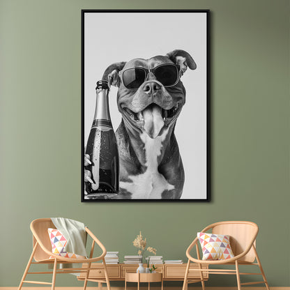 Pitbull Holding Champagne Bottle Framed Canvas Print Wall Art, Black and White, Pitbull Gift, Pet Art, Home Bar Decor
