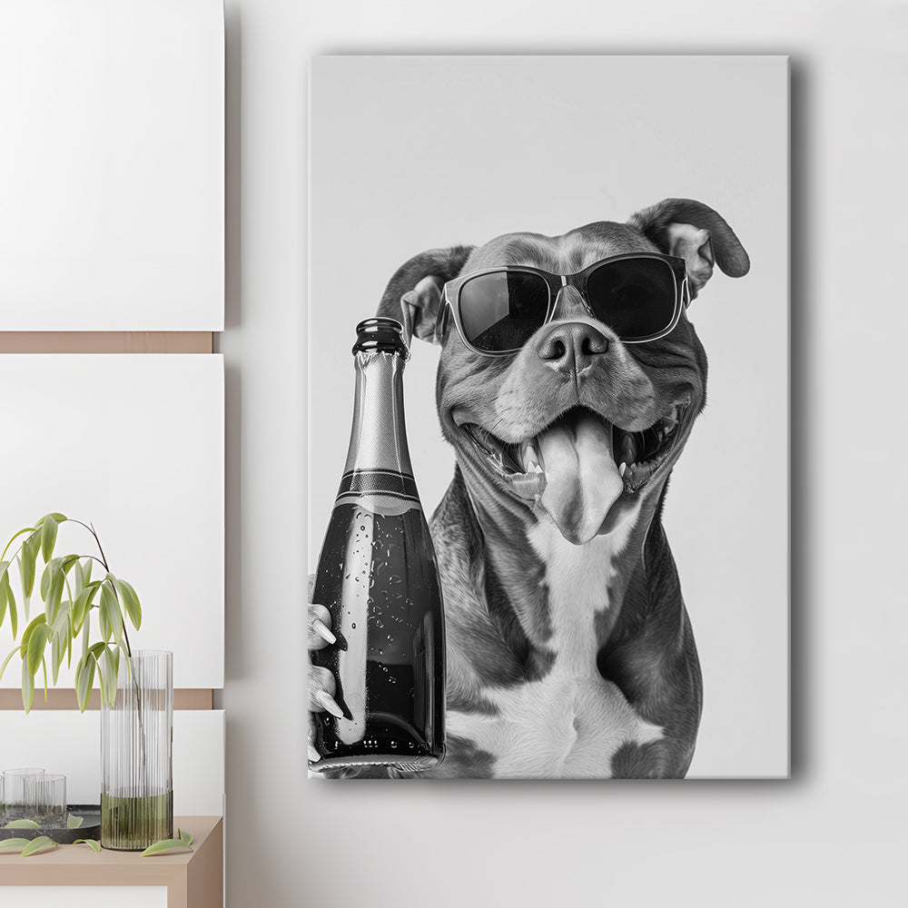 Pitbull Holding Champagne Bottle Canvas Print Wall Art, Black and White, Pitbull Gift, Pet Art,, Home Bar Decor