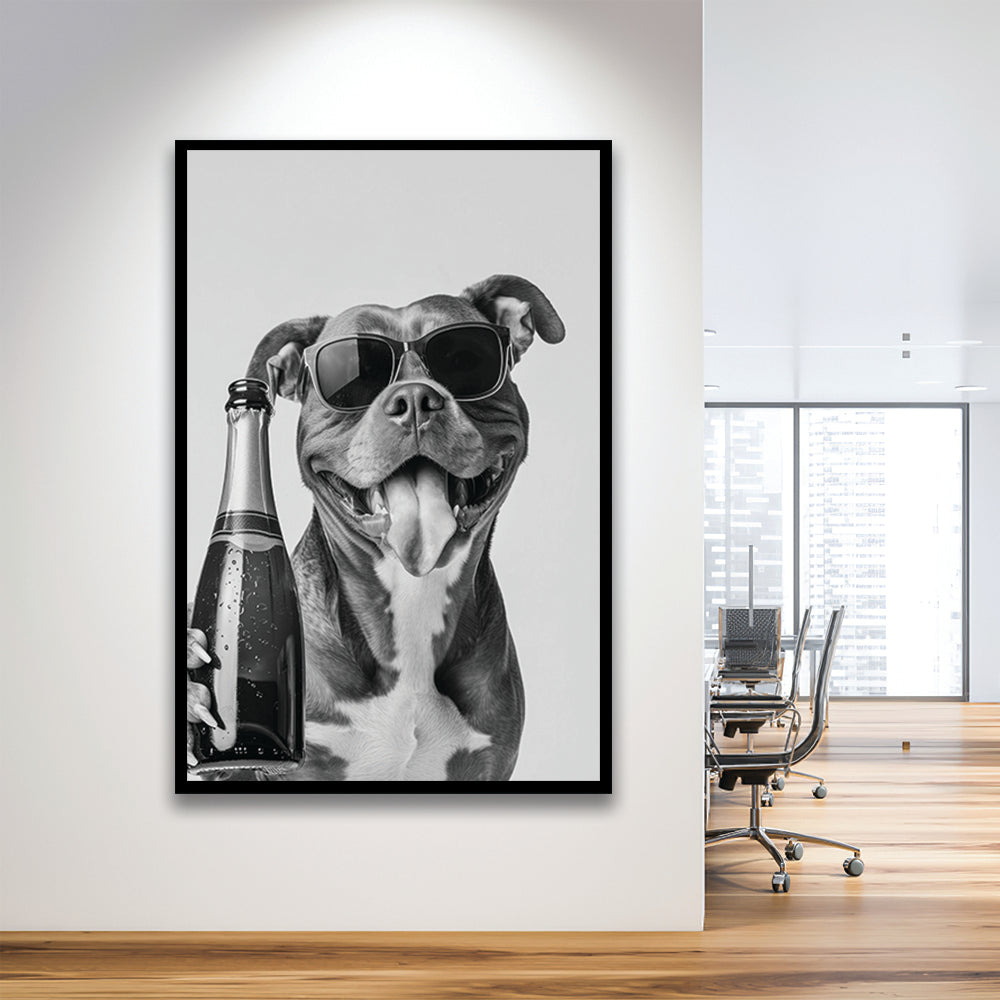 Pitbull Holding Champagne Bottle Framed Art Print Wall Decor, Black and White, Pitbull Gift, Pet Art, Home Bar Decor