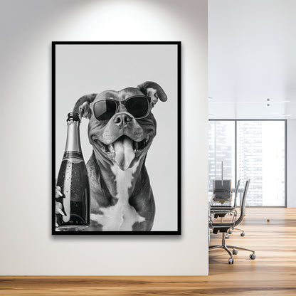 Pitbull Holding Champagne Bottle Framed Art Print Wall Decor, Black and White, Pitbull Gift, Pet Art, Home Bar Decor