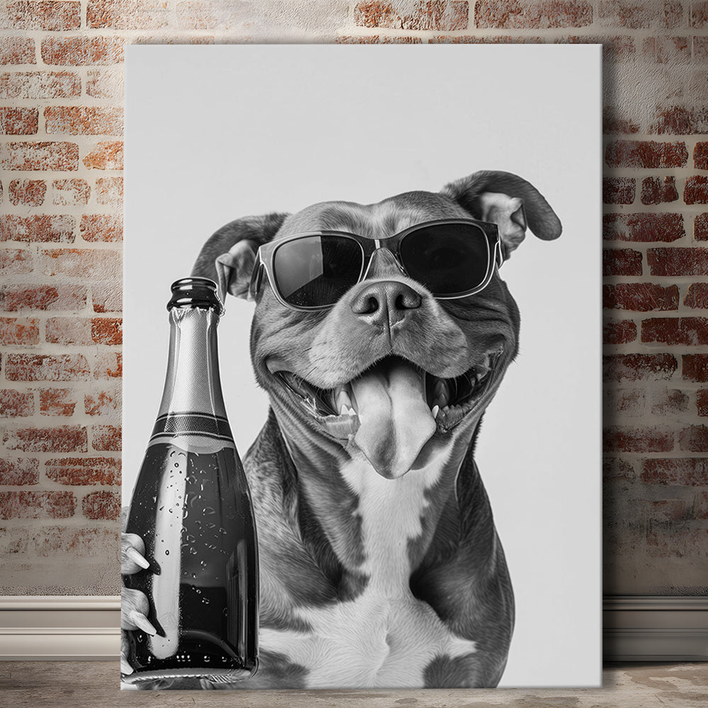 Pitbull Holding Champagne Bottle Canvas Print Wall Art, Black and White, Pitbull Gift, Pet Art,, Home Bar Decor