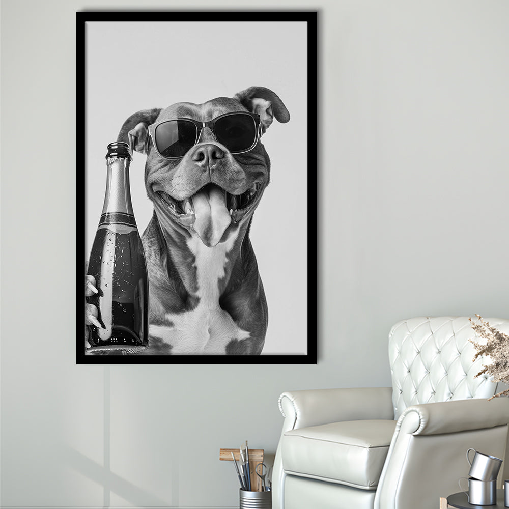Pitbull Holding Champagne Bottle Framed Art Print Wall Decor, Black and White, Pitbull Gift, Pet Art, Home Bar Decor