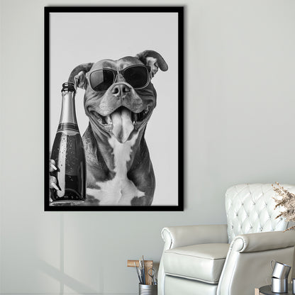 Pitbull Holding Champagne Bottle Framed Art Print Wall Decor, Black and White, Pitbull Gift, Pet Art, Home Bar Decor