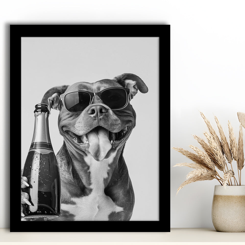 Pitbull Holding Champagne Bottle Framed Art Print Wall Decor, Black and White, Pitbull Gift, Pet Art, Home Bar Decor