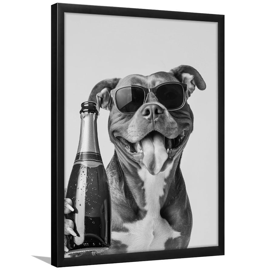 Pitbull Holding Champagne Bottle Framed Art Print Wall Decor, Black and White, Pitbull Gift, Pet Art, Home Bar Decor