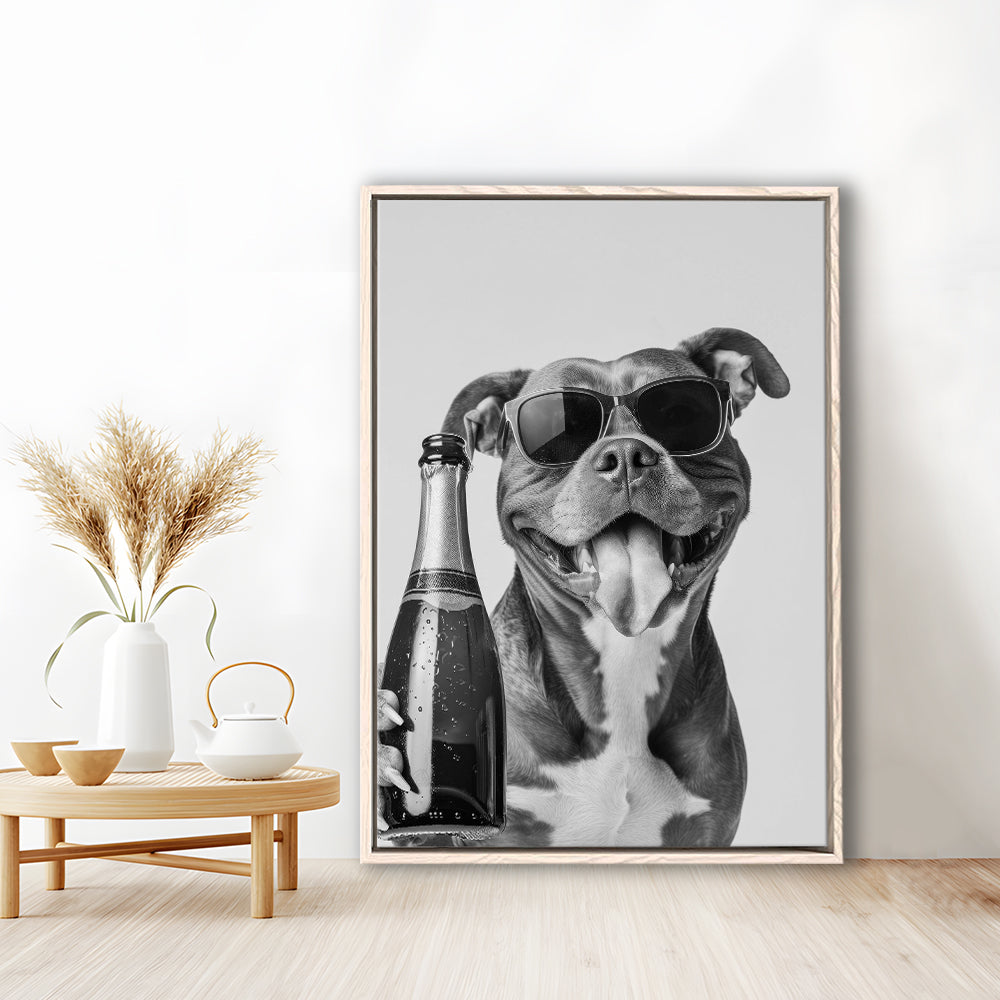 Pitbull Holding Champagne Bottle Framed Canvas Print Wall Art, Black and White, Pitbull Gift, Pet Art, Home Bar Decor