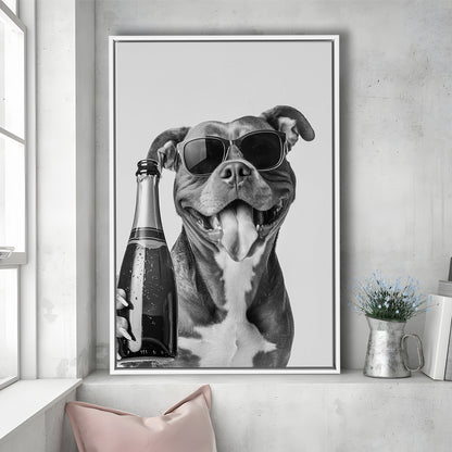 Pitbull Holding Champagne Bottle Framed Canvas Print Wall Art, Black and White, Pitbull Gift, Pet Art, Home Bar Decor