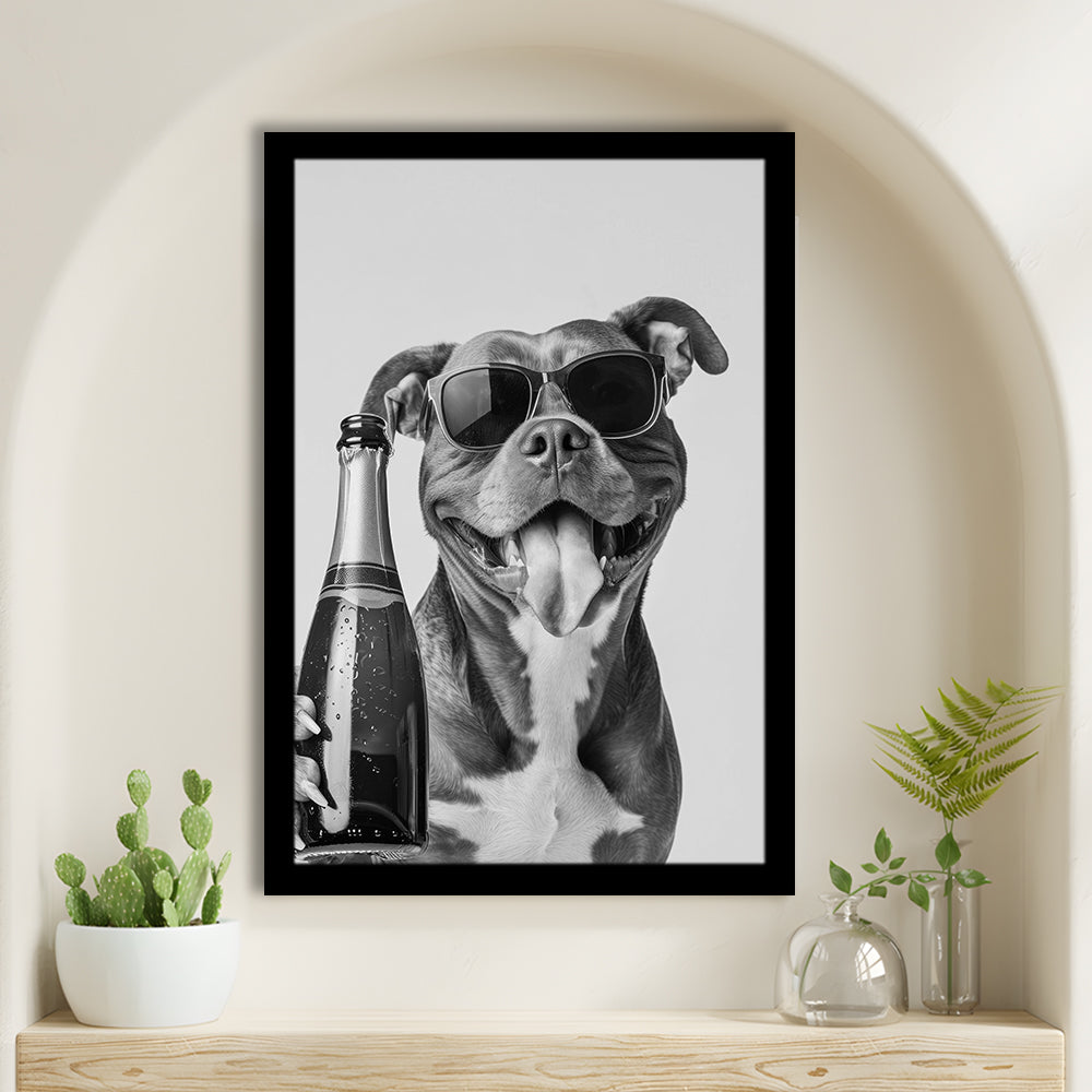 Pitbull Holding Champagne Bottle Framed Art Print Wall Decor, Black and White, Pitbull Gift, Pet Art, Home Bar Decor