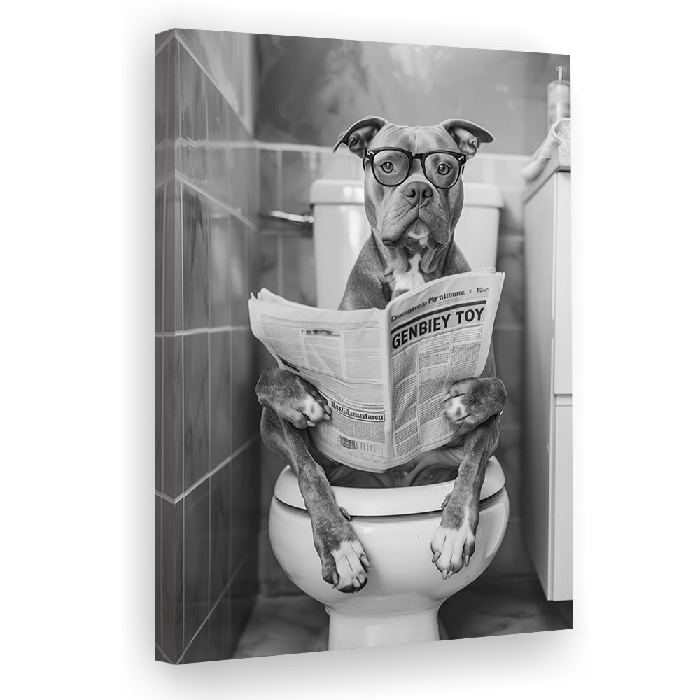Pitbull Sitting On Toilet Canvas Print Wall Art, Pitbull Dog Reading Newspaper, Black and White, Bathroom Wall Decor