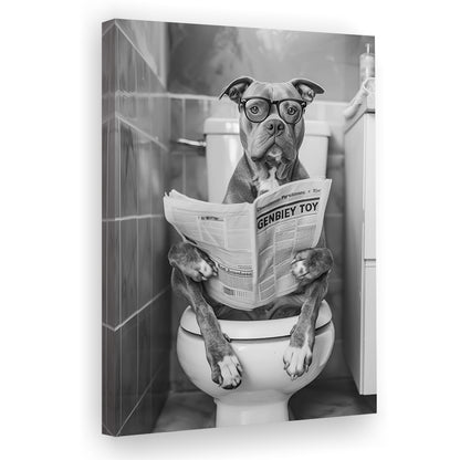 Pitbull Sitting On Toilet Canvas Print Wall Art, Pitbull Dog Reading Newspaper, Black and White, Bathroom Wall Decor