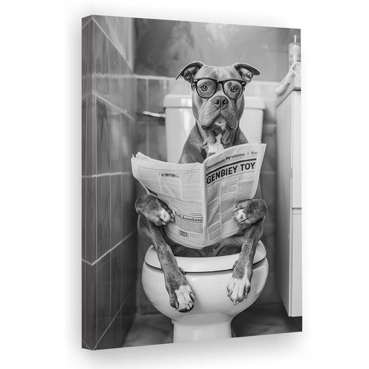 Pitbull Sitting On Toilet Canvas Print Wall Art, Pitbull Dog Reading Newspaper, Black and White, Bathroom Wall Decor