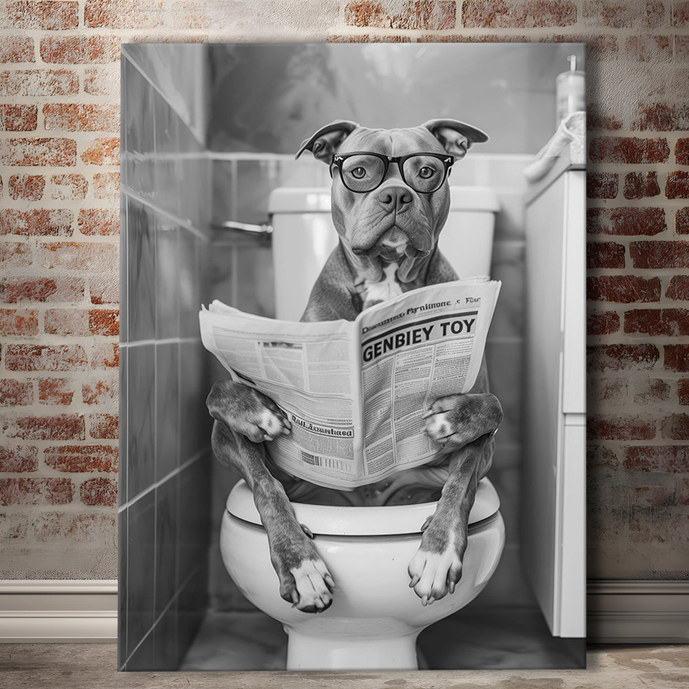 Pitbull Sitting On Toilet Canvas Print Wall Art, Pitbull Dog Reading Newspaper, Black and White, Bathroom Wall Decor