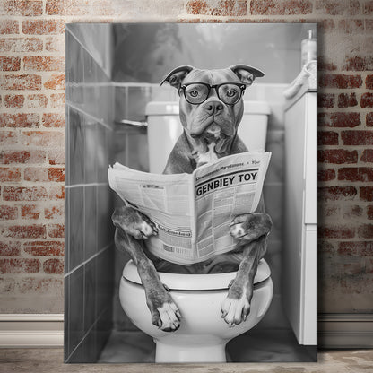 Pitbull Sitting On Toilet Canvas Print Wall Art, Pitbull Dog Reading Newspaper, Black and White, Bathroom Wall Decor