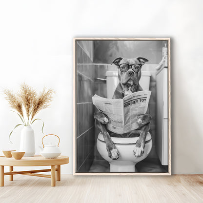 Pitbull Sitting On Toilet Framed Canvas Print Wall Art, Pitbull Dog Reading Newspaper, Black and White, Bathroom Wall Decor