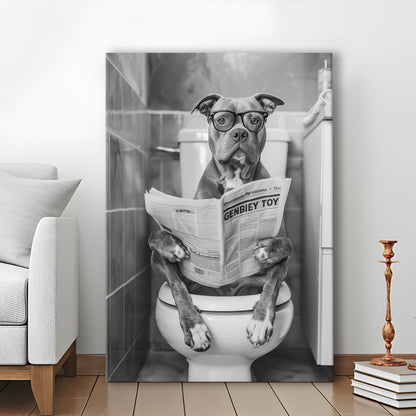 Pitbull Sitting On Toilet Canvas Print Wall Art, Pitbull Dog Reading Newspaper, Black and White, Bathroom Wall Decor