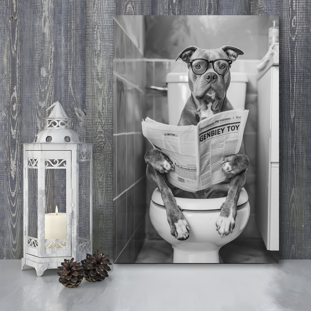 Pitbull Sitting On Toilet Canvas Print Wall Art, Pitbull Dog Reading Newspaper, Black and White, Bathroom Wall Decor