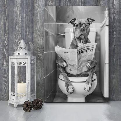 Pitbull Sitting On Toilet Canvas Print Wall Art, Pitbull Dog Reading Newspaper, Black and White, Bathroom Wall Decor