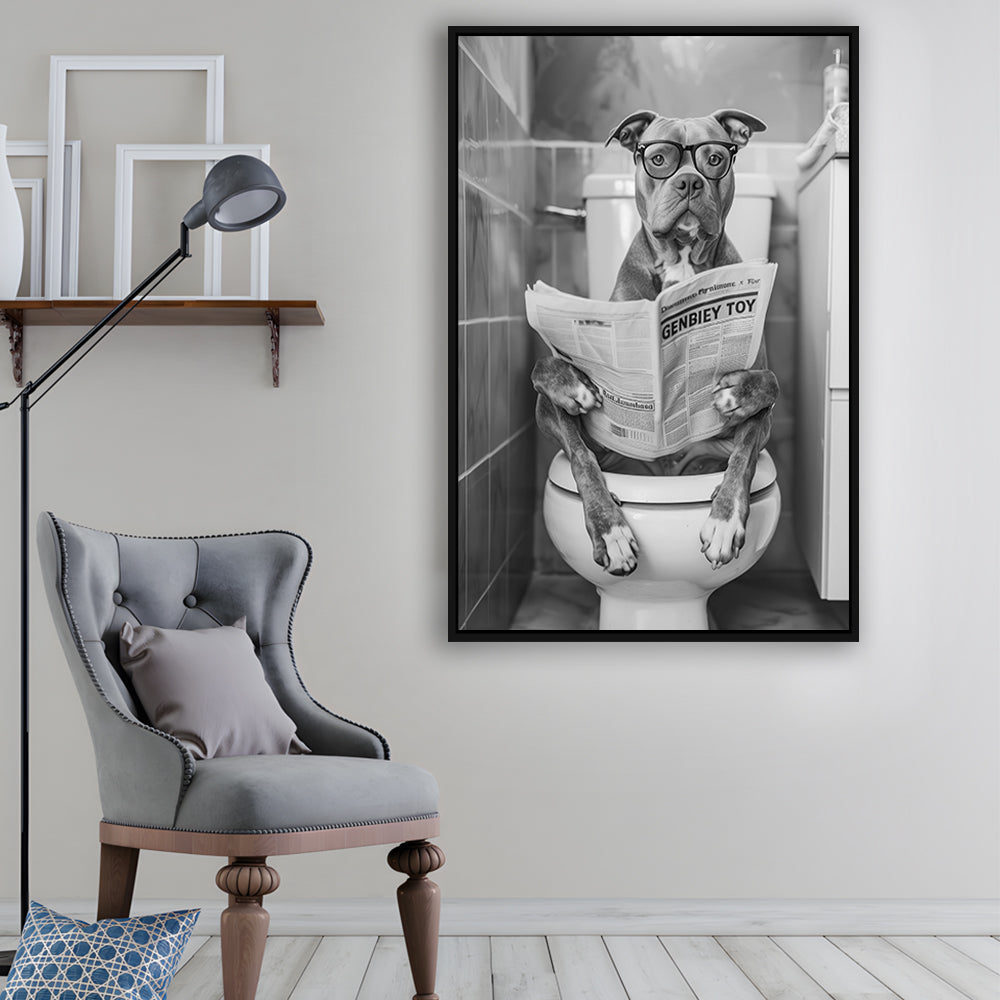 Pitbull Sitting On Toilet Framed Canvas Print Wall Art, Pitbull Dog Reading Newspaper, Black and White, Bathroom Wall Decor
