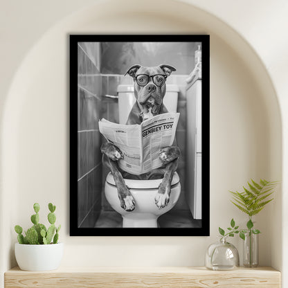 Pitbull Sitting On Toilet Framed Art Print Wall Decor, Pitbull Dog Reading Newspaper, Black and White, Bathroom Wall Decor