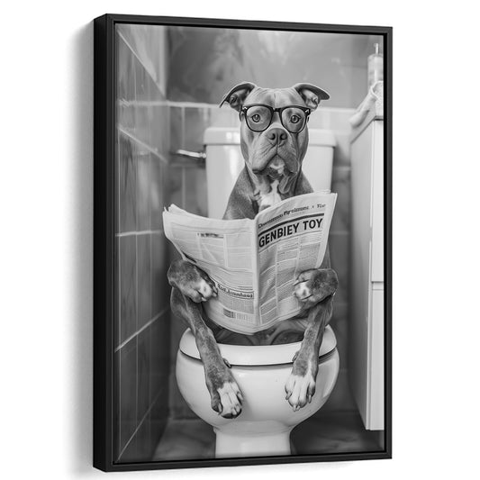 Pitbull Sitting On Toilet Framed Canvas Print Wall Art, Pitbull Dog Reading Newspaper, Black and White, Bathroom Wall Decor