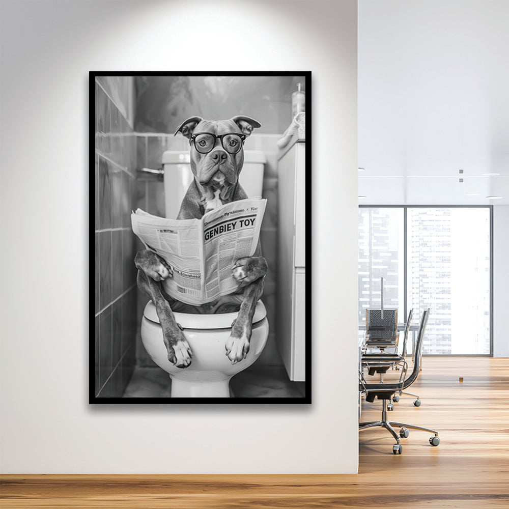 Pitbull Sitting On Toilet Framed Art Print Wall Decor, Pitbull Dog Reading Newspaper, Black and White, Bathroom Wall Decor
