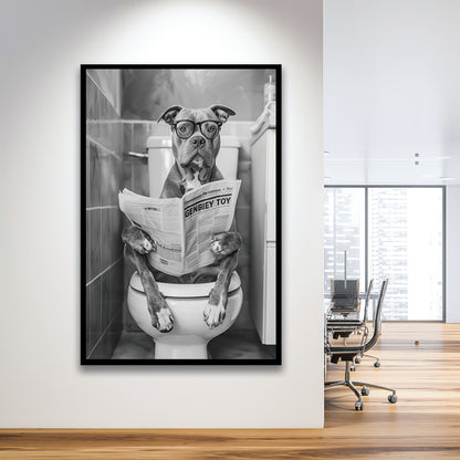 Pitbull Sitting On Toilet Framed Art Print Wall Decor, Pitbull Dog Reading Newspaper, Black and White, Bathroom Wall Decor