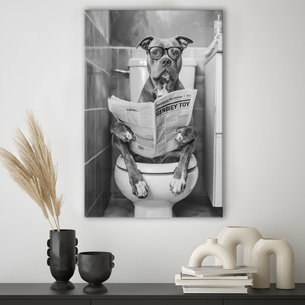 Pitbull Sitting On Toilet Canvas Print Wall Art, Pitbull Dog Reading Newspaper, Black and White, Bathroom Wall Decor