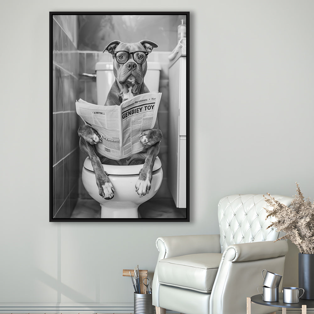 Pitbull Sitting On Toilet Framed Canvas Print Wall Art, Pitbull Dog Reading Newspaper, Black and White, Bathroom Wall Decor