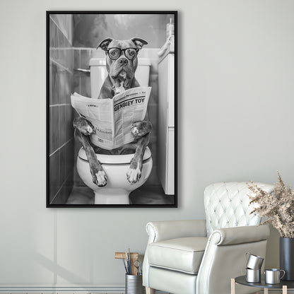 Pitbull Sitting On Toilet Framed Canvas Print Wall Art, Pitbull Dog Reading Newspaper, Black and White, Bathroom Wall Decor