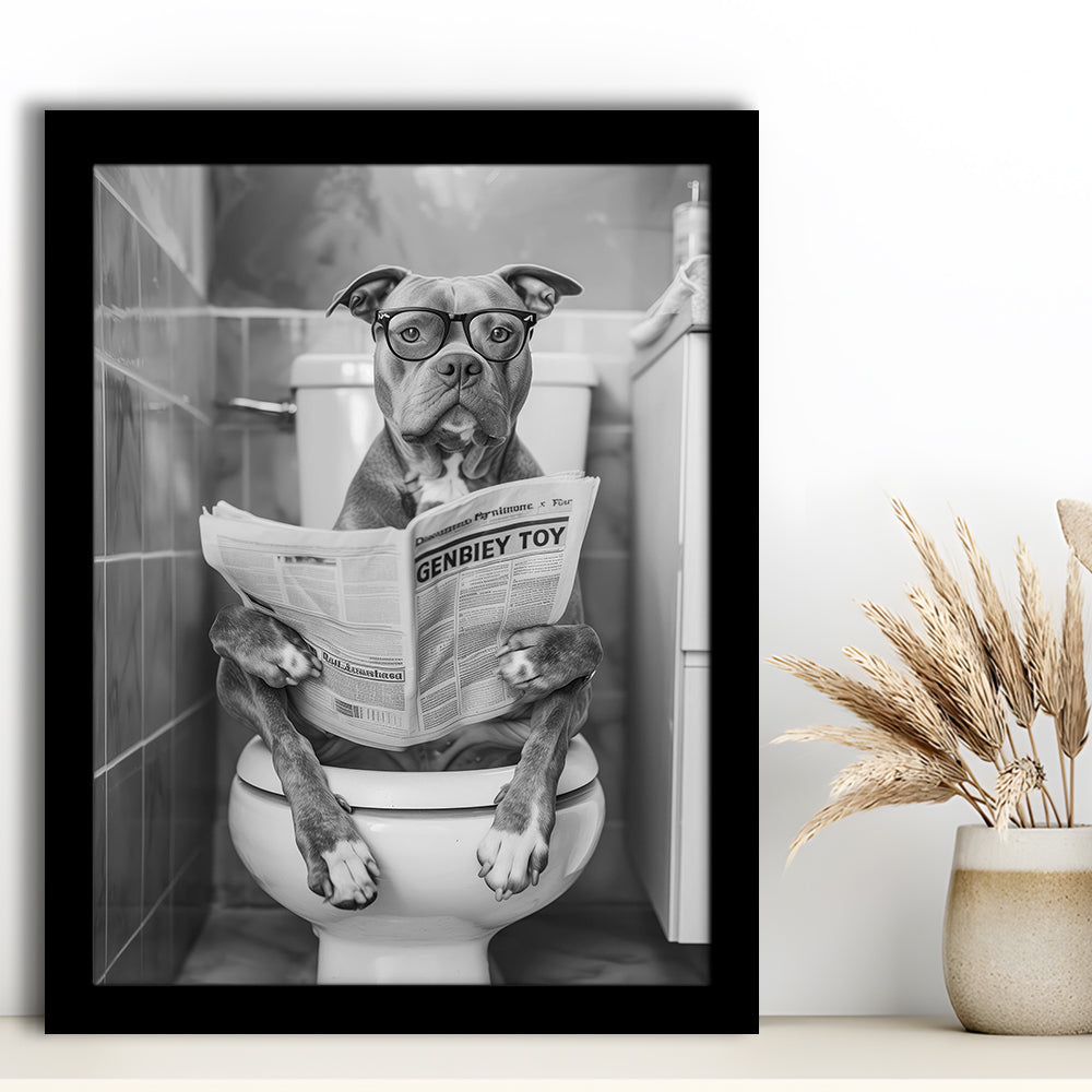 Pitbull Sitting On Toilet Framed Art Print Wall Decor, Pitbull Dog Reading Newspaper, Black and White, Bathroom Wall Decor