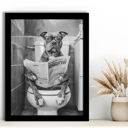 Pitbull Sitting On Toilet Framed Art Print Wall Decor, Pitbull Dog Reading Newspaper, Black and White, Bathroom Wall Decor